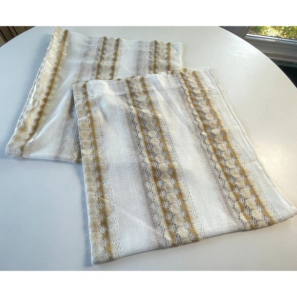 Vintage 70s curtains, white and tan stripes, net sheer, pair of panels - Picture 10 of 10
